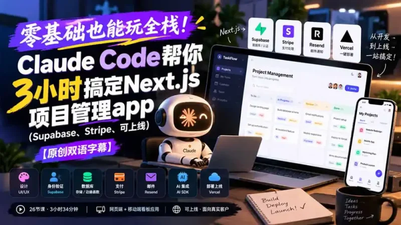 零基础也能玩全栈！Claude Code帮你3小时搞定Next.js项目管理app(Supabase、Stripe、可上线-大伟资源网