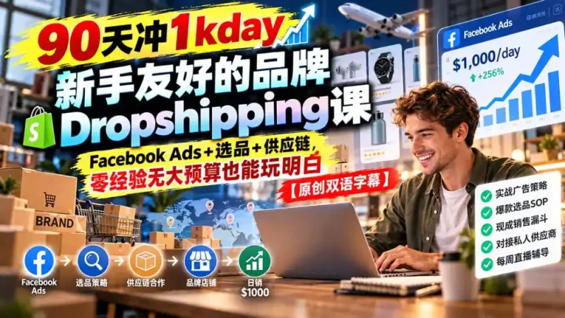 90天冲1kday 新手友好的品牌Dropshipping课：Facebook Ads+选品+供应链，零经验无大预算也能玩明白【原创双语字幕】-大伟资源网