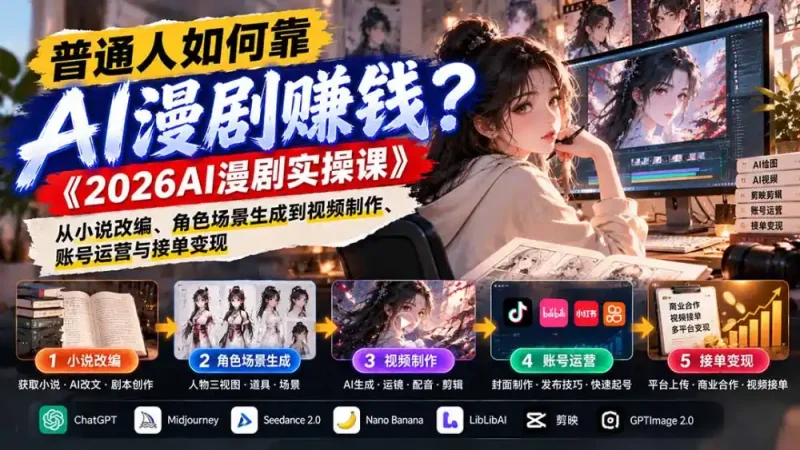 普通人如何靠AI漫剧赚钱？《2026AI漫剧实操课》从小说改编、角色场景生成到视频制作、账号运营与接单变现-大伟资源网