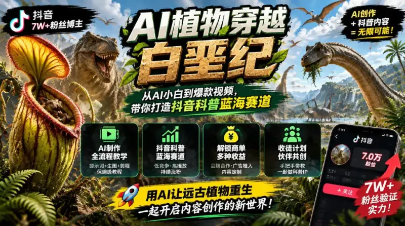 抖音7W粉丝博主的AI植物穿越白垩纪教学，抖音科普蓝海赛道，解锁商单收徒伙伴计划等多种收益-大伟资源网