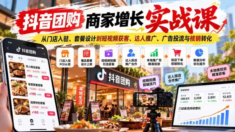 抖音团购商家增长实战课:从门店入驻、套餐设计到短视频获客、达人推广、广告投流与核销转化-大伟资源网