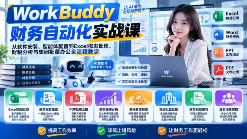 WorkBuddy财务自动化实战课：从软件安装、智能体配置到Excel报表处理、财税分析与集团批量办公全流程教学-大伟资源网