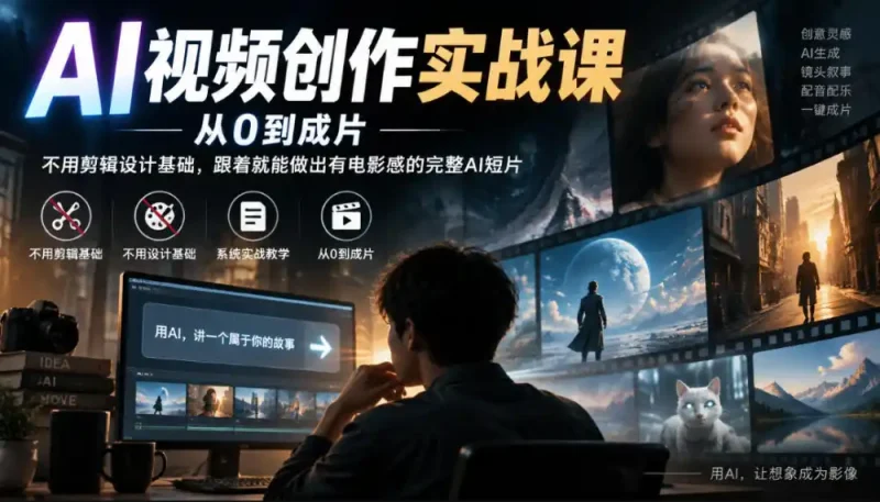 AI视频创作实战课，从0到成片，不用剪辑设计基础，跟着就能做出有电影感的完整AI短片-大伟资源网