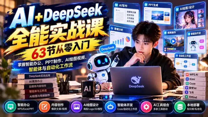 AI+DeepSeek全能实战课：63节从零入门，掌握智能办公、PPT制作、AI绘图视频、智能体与自动化工作流-大伟资源网