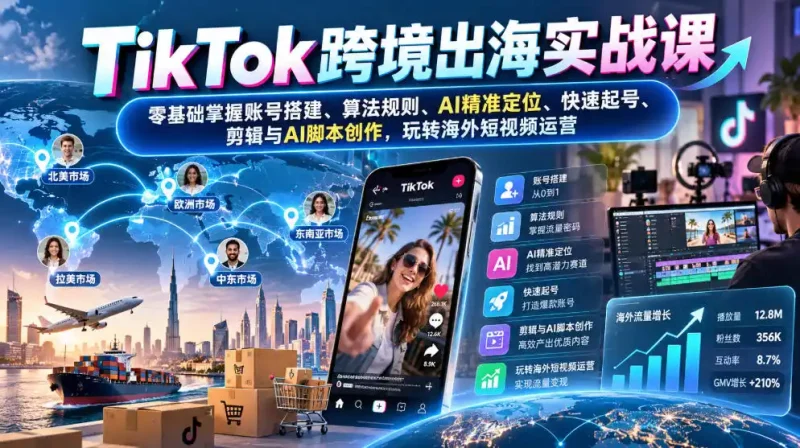 TikTok跨境出海实战课：零基础掌握账号搭建、算法规则、AI精准定位、快速起号、剪辑与AI脚本创作，玩转海外短视频运营-大伟资源网