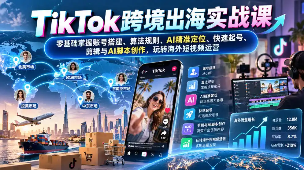 TikTok跨境出海实战课：零基础掌握账号搭建、算法规则、AI精准定位、快速起号、剪辑与AI脚本创作，玩转海外短视频运营