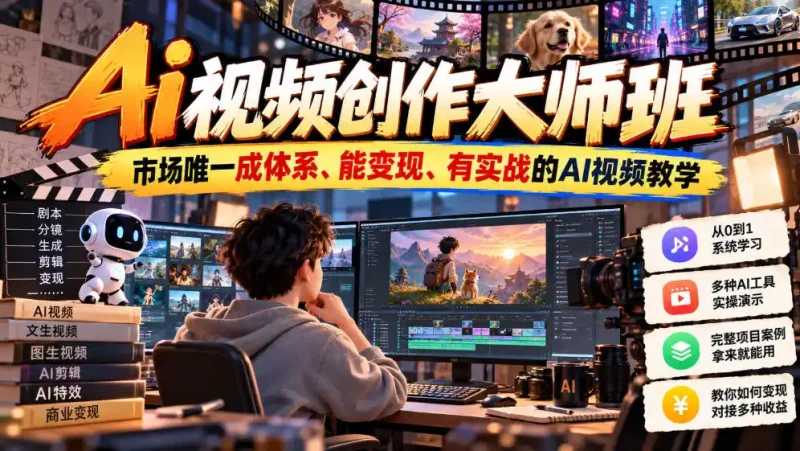 Ai视频创作大师班，市场唯一成体系、能变现、有实战的AI视频教学(更新2026)-大伟资源网