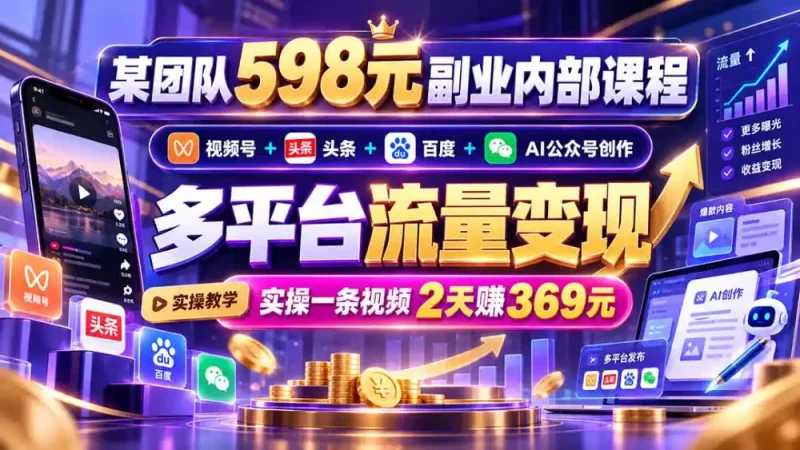 某团队598元副业内部课程：视频号+头条+百度+AI公众号创作、多平台流量变现，实操一条视频2天赚369元-大伟资源网