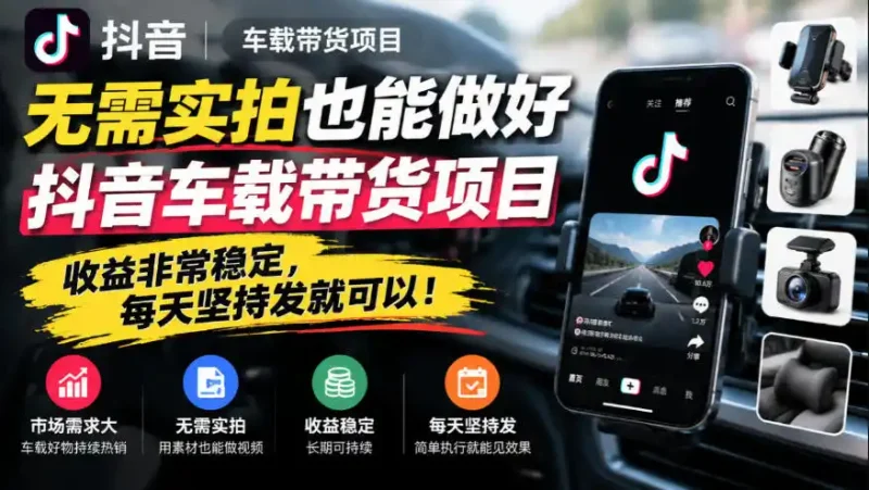 无需实拍也能做好抖音车载带货项目，收益非常稳定，每天坚持发就可以！-大伟资源网