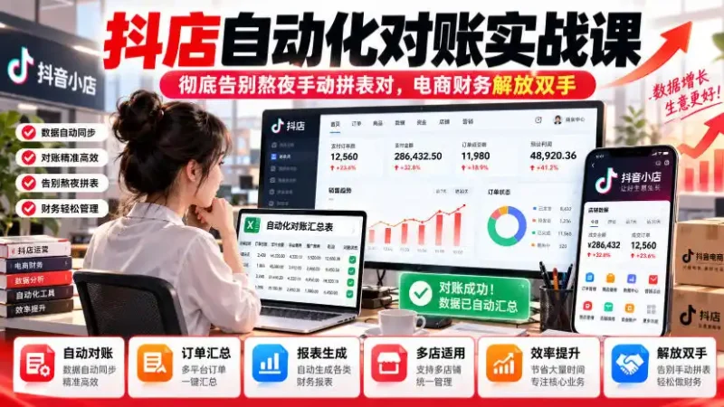 抖店自动化对账实战课，彻底告别熬夜手动拼表对，账电商财务解放双手-大伟资源网