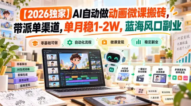 【2026独家】AI自动做动画微课搬砖，带派单渠道，单月稳1-2W，蓝海风口副业【揭秘】-大伟资源网