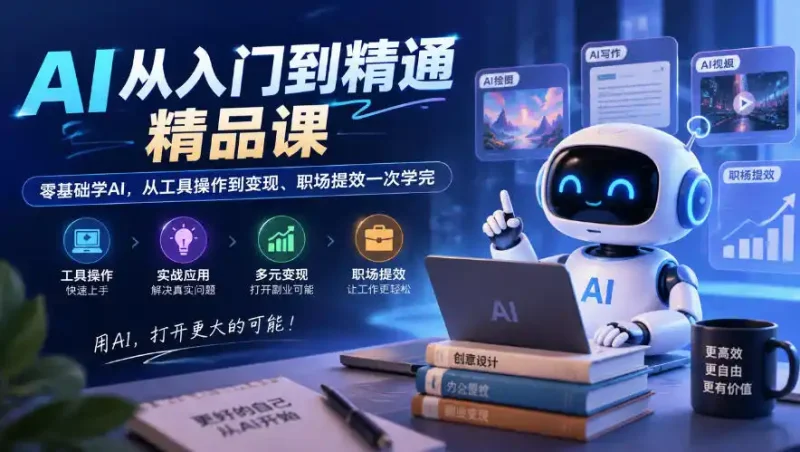 AI从入门到精通精品课，零基础学AI，从工具操作到变现、职场提效一次学完-大伟资源网