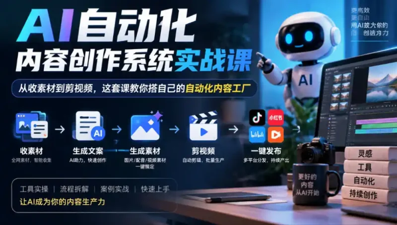 AI自动化内容创作系统实战课，从收素材到剪视频，这套课教你搭自己的自动化内容工厂-大伟资源网