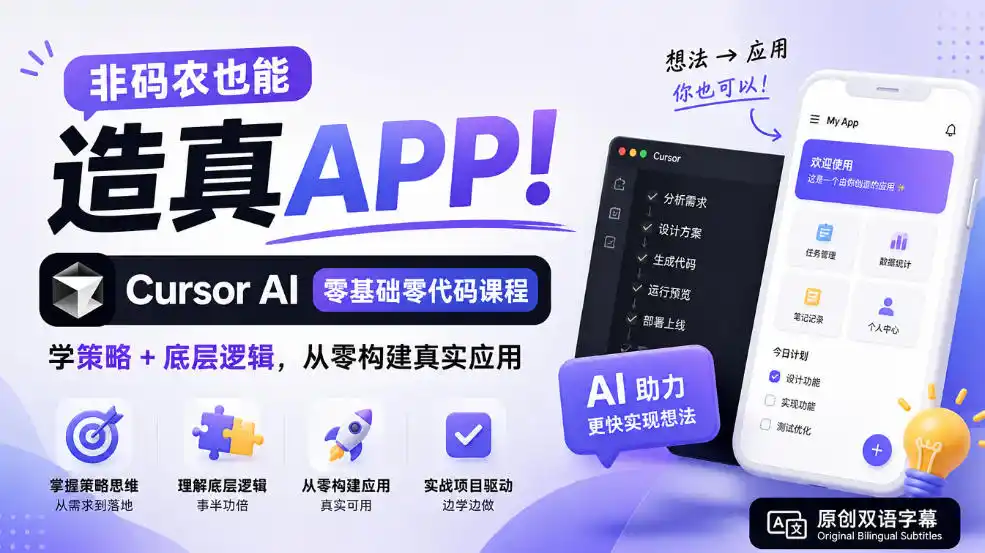 非码农也能造真APP！Cursor AI零基础零代码课程：学策略+底层逻辑，从零构建真实应用【原创双语字幕】