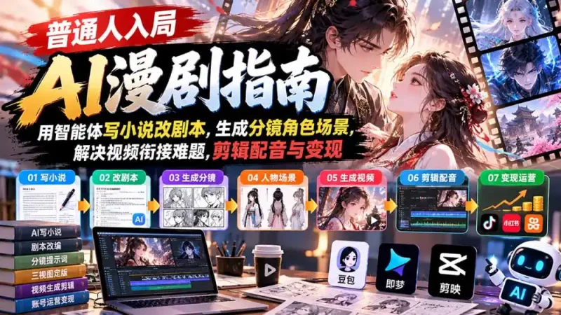 【无水印】普通人入局AI漫剧指南：用智能体写小说改剧本，生成分镜角色场景，解决视频衔接难题，剪辑配音与变现-大伟资源网