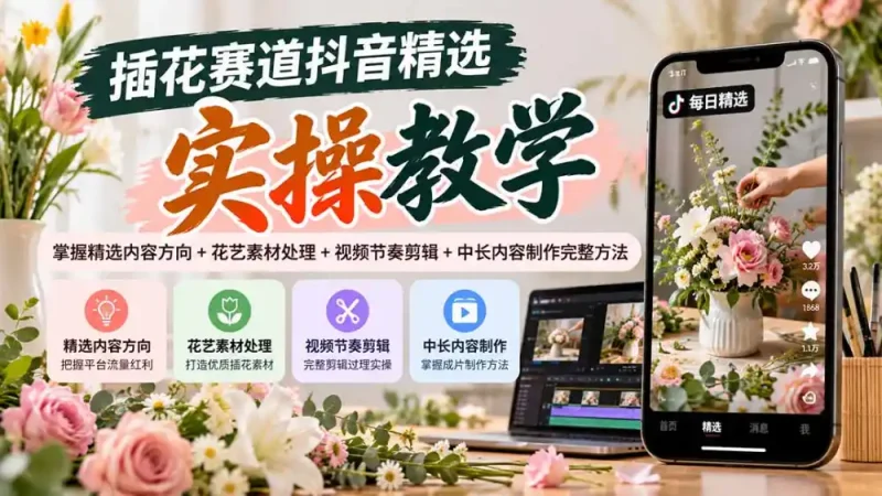 插花赛道抖音精选实操教学：掌握精选内容方向+花艺素材处理+视频节奏剪辑+中长内容制作完整方法-大伟资源网