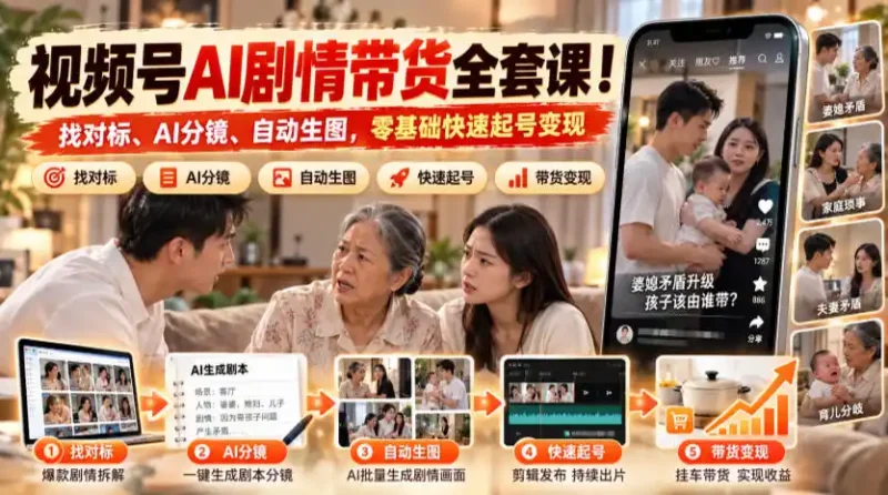 视频号AI剧情带货全套课！找对标、AI分镜、自动生图，零基础快速起号变现-大伟资源网