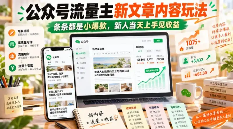 公众号流量主新文章内容玩法，条条都是小爆款，新人当天上手见收益-大伟资源网
