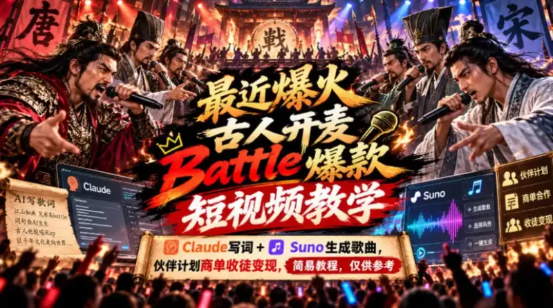最近爆火古人开麦Battle爆款短视频教学，Claude写词+Suno生成歌曲，伙伴计划商单收徒变现，简易教程，仅供参考-大伟资源网