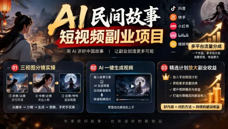 AI民间故事短视频副业项目，多平台流量分成，三视图分镜实操，精选计划放大副业收益-大伟资源网
