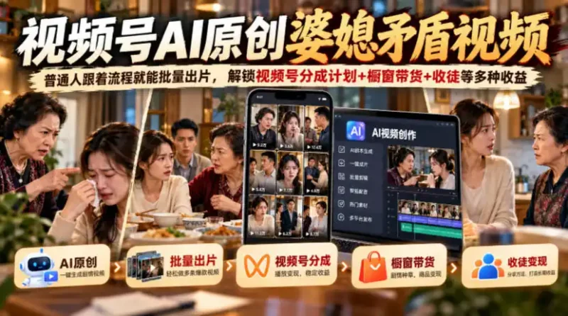 视频号ai原创婆媳矛盾视频，普通人跟着流程就能批量出片，解锁视频号分成计划+橱窗带货+收徒等多种收益-大伟资源网
