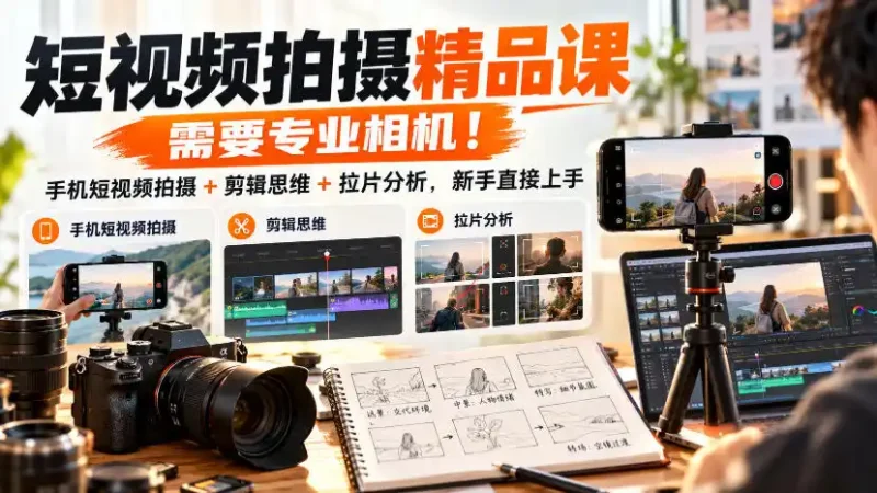 短视频拍摄精品课，需要专业相机！手机短视频拍摄+剪辑思维+拉片分析，新手直接上手-大伟资源网
