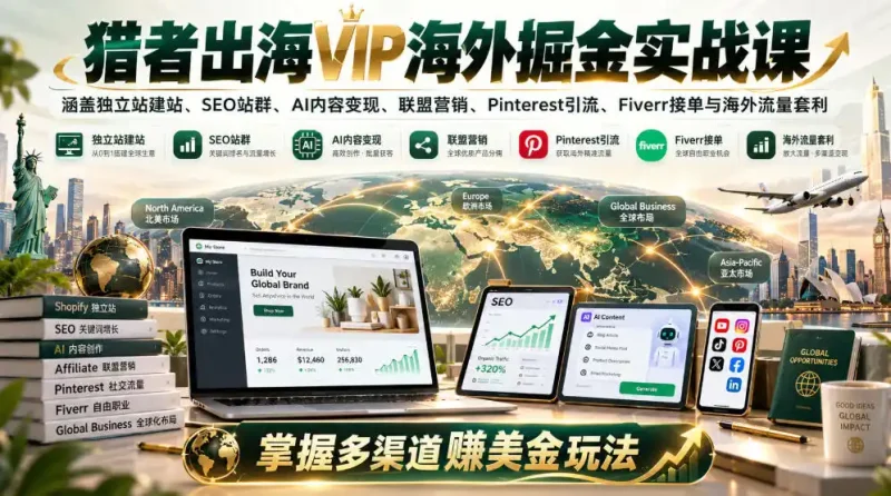 猎者出海VIP海外掘金实战课：涵盖独立站、SEO站群、AI变现、联盟营销、Pinterest引流、Fiverr接单与海外流量套利，掌握多渠道賺美金玩法-大伟资源网