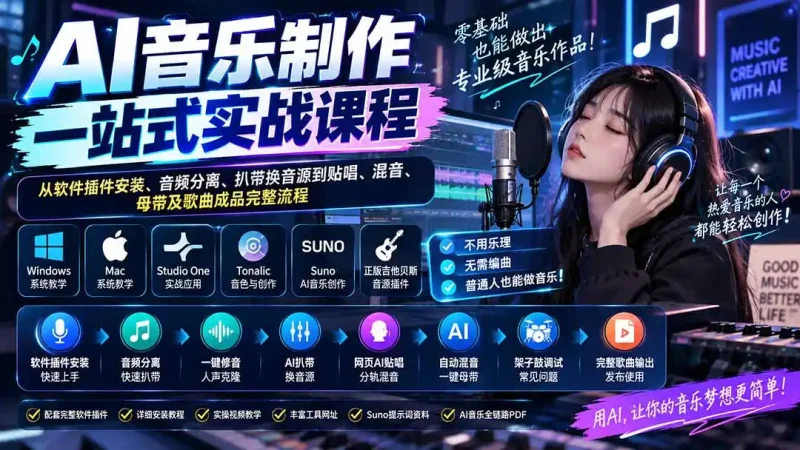 AI音乐制作一站式实战课程:从软件插件安装、音频分离、扒带换音源到贴唱、混音、母带及歌曲成品完整流程-大伟资源网