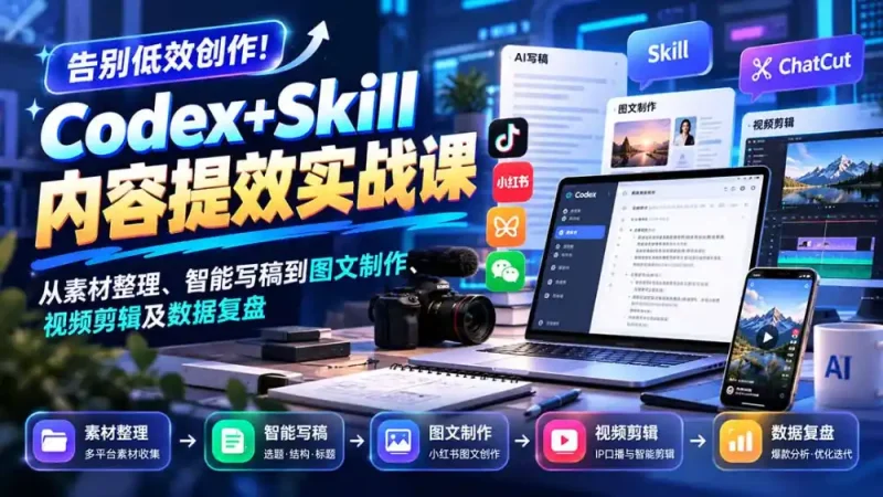 【无水印】告别低效创作！Codex+Skill内容提效实战课：从素材整理、智能写稿到图文制作、视频剪辑及数据复盘-大伟资源网