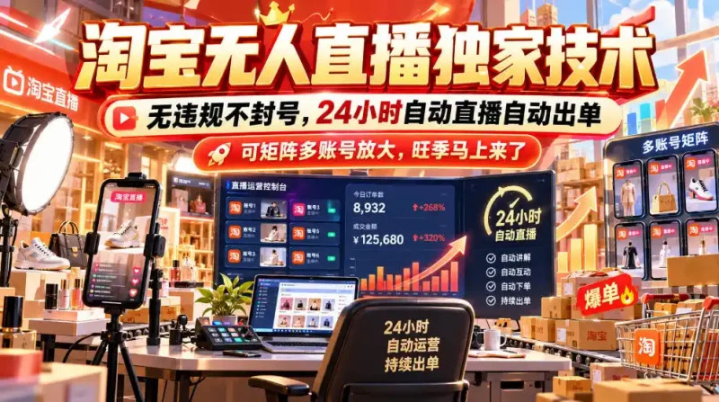 淘宝无人直播独家技术，无违规不封号，24小时自动直播自动出单，可矩阵多账号放大，旺季马上来了【揭秘】-大伟资源网