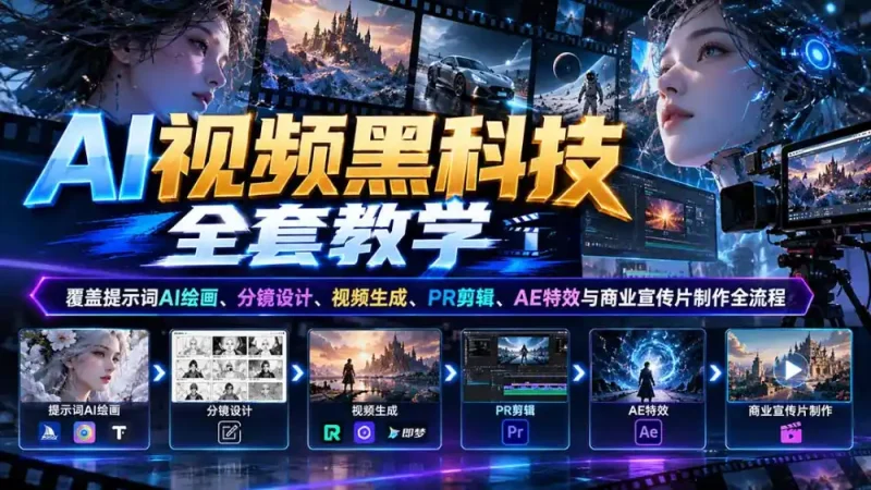AI视频黑科技全套教学：覆盖提示词AI绘画、分镜设计、视频生成、PR剪辑、AE特效与商业宣传片制作全流程-大伟资源网