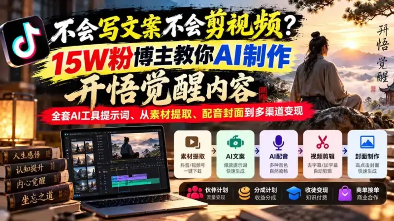 不会写文案不会剪视频？15W粉博主教你AI制作开悟觉醒内容，全套AI工具提示词、从素材提取、配音封面到多渠道变现-大伟资源网