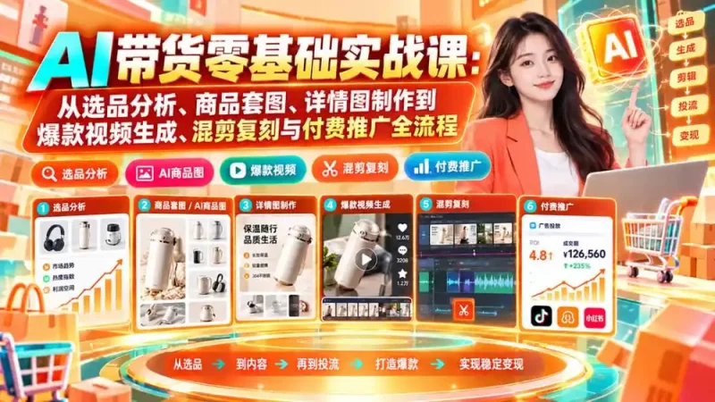 AI带货零基础实战课：从选品分析、商品套图、详情图制作到爆款视频生成、混剪复刻与付费推广全流程-大伟资源网
