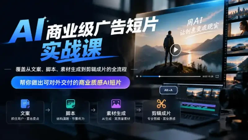 AI商业级广告短片实战课，覆盖从文案、脚本、素材生成到剪辑成片的全流程，帮你做出可对外交付的商业质感AI短片-大伟资源网
