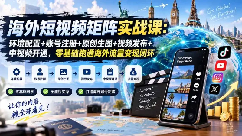 海外短视频矩阵实战课：环境配置+账号注册+原创生图+视频发布+中视频开通，零基础跑通海外流量变现闭环-大伟资源网