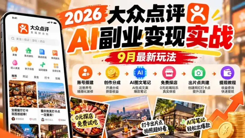 2026大众点评AI副业变现实战9月最新玩法：账号搭建+创作分成+AI图文笔记+免费探店+出片点共建与提现教程-大伟资源网