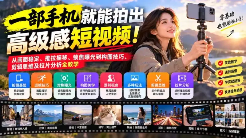 一部手机就能拍出高级感短视频！从画面稳定、推拉摇移、锁焦曝光到构图技巧、剪辑思维及拉片分析全教学-大伟资源网