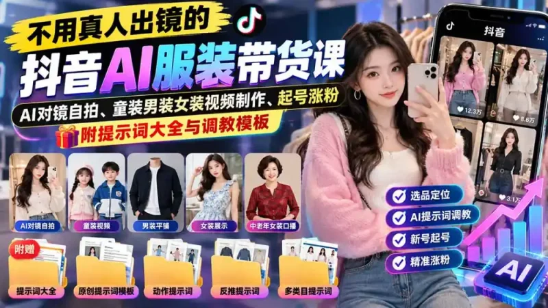 不用真人出镜的抖音AI服装带货课：AI对镜自拍、童装男装女装视频制作、起号涨粉，附提示词大全与调教模板-大伟资源网
