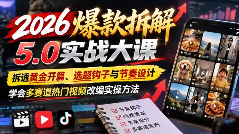 2026爆款拆解5.0实战大课：拆透黄金开篇、选题钩子与节奏设计，学会多赛道热门视频改编实操方法-大伟资源网