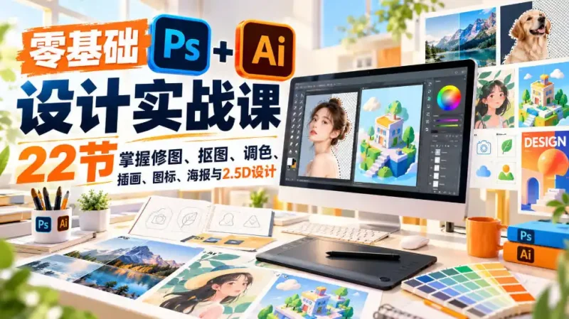 【无水印】零基础PS+AI设计实战课|22节掌握修图、抠图、调色、插画、图标、海报与2.5D设计-大伟资源网