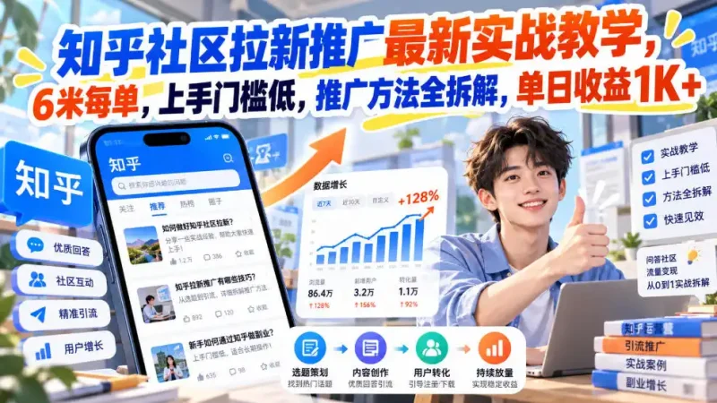 知乎社区拉新推广最新实战教学,6米每单,上手门槛低,推广方法全拆解,单日收益1K+!(更新1030)-大伟资源网
