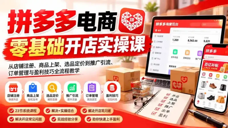 拼多多电商零基础开店实操课：从店铺注册、商品上架、选品定价到推广引流、订单管理与盈利技巧全流程教学-大伟资源网