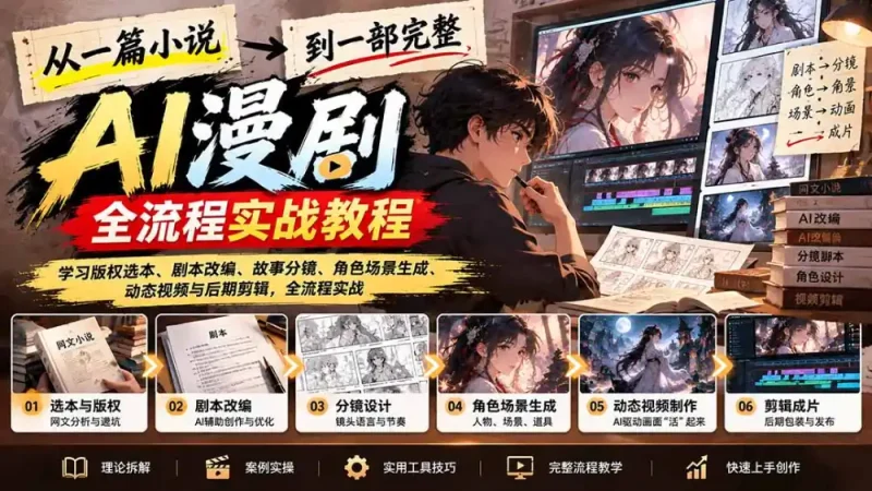 从一篇小说到一部完整AI漫剧：学习版权选本、剧本改编、故事分镜、角色场景生成、动态视频与后期剪辑-大伟资源网