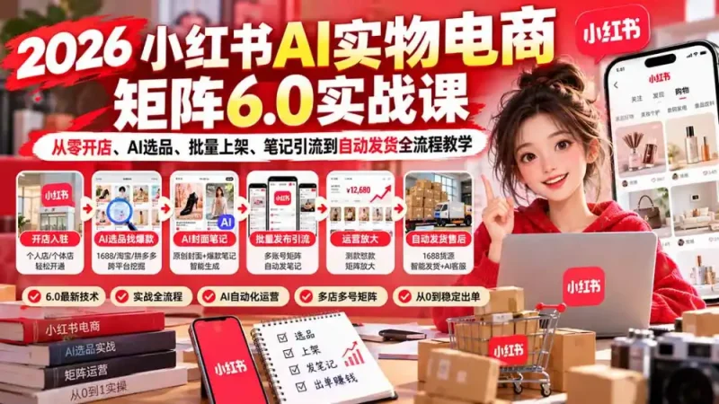 2026小红书AI实物电商矩阵6.0实战课：从零开店、AI选品、批量上架、笔记引流到自动发货全流程教学-大伟资源网