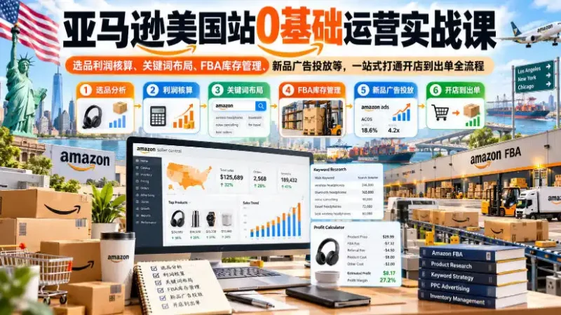 亚马逊美国站0基础运营实战课｜选品利润核算、关键词布局、FBA库存管理、新品广告投放等，一站式打通开店到出单全流程-大伟资源网
