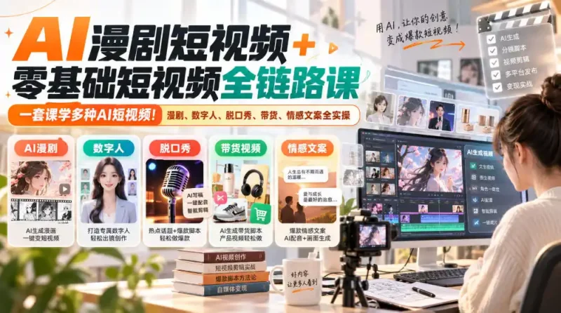 AI漫剧短视频+零基础短视频全链路课，一套课学多种AI短视频！漫剧、数字人、脱口秀、带货、情感文案全实操-大伟资源网