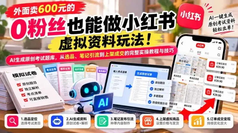 外面卖600元的 零粉丝也能做小红书虚拟资料玩法！AI生成原创考试题库，从选品、笔记引流到上架成交的完整实操教程-大伟资源网