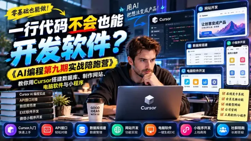 一行代码不会也能开发软件？《AI编程第九期实战陪跑营》教你用Cursor搭建数据库、制作网站、电脑软件与小程序-大伟资源网