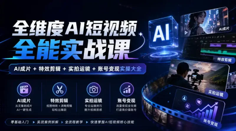 全维度AI短视频全能实战课，AI成片+特效剪辑+实拍运镜+账号变现实操大全-大伟资源网