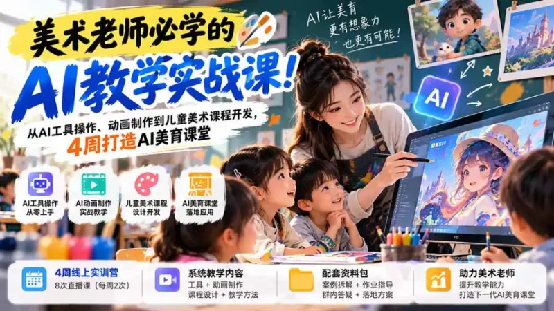 美术老师必学的AI教学实战课！从AI工具操作、动画制作到儿童美术课程开发，4周打造AI美育课堂-大伟资源网